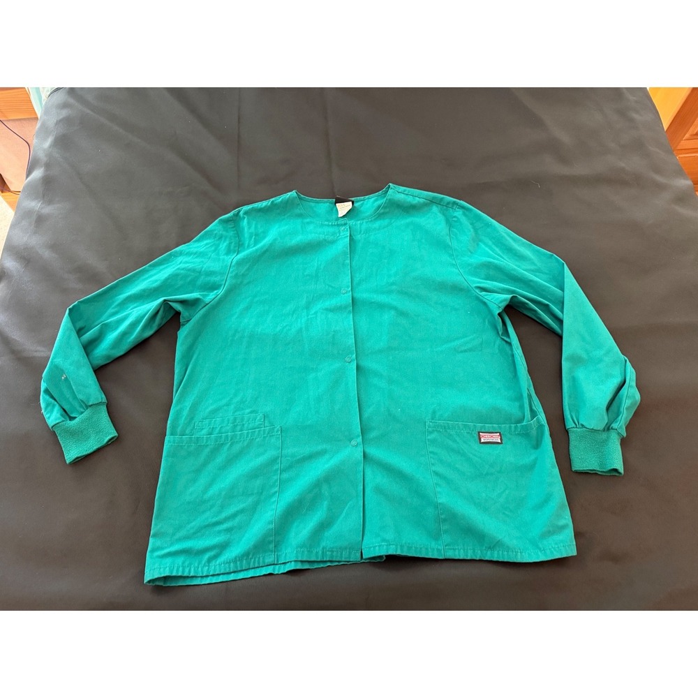 Cherokee Workwear Scrub Jacket Green Snap Front Long Sleeve Pockets Womens L